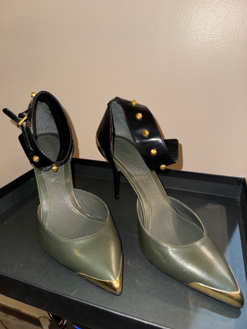 Alexander McQueen Studded Ankle-Strap Pointed Toe Pumps in Olive Green and Black